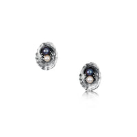 Limpet Oxidised Stud Earrings with Black & Peach Pearls by Sheila Fleet Jewellery