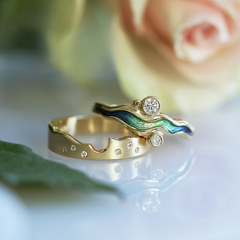 River Ripples ‘Ocean’ Enamel Diamond Ring Set in 18ct Yellow Gold by Sheila Fleet Jewellery