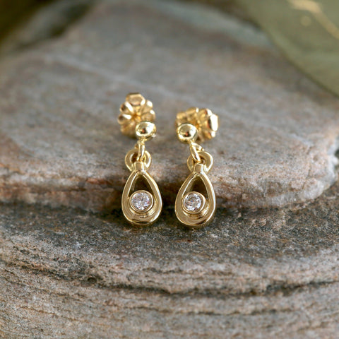 Arctic Stream Diamond Droplet Petite Earrings in 18ct Yellow Scottish Gold by Sheila Fleet Jewellery