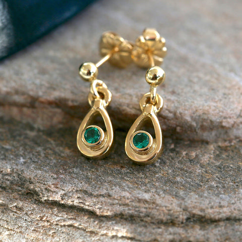 Emerald Droplet Petite Earrings in 18ct Yellow Scottish Gold by Sheila Fleet Jewellery