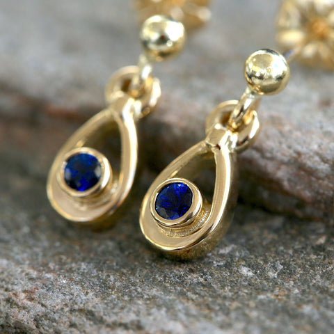Sapphire Droplet Petite Earrings in 18ct Yellow Scottish Gold by Sheila Fleet Jewellery