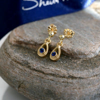 Sapphire Droplet Petite Earrings in 18ct Yellow Scottish Gold by Sheila Fleet Jewellery