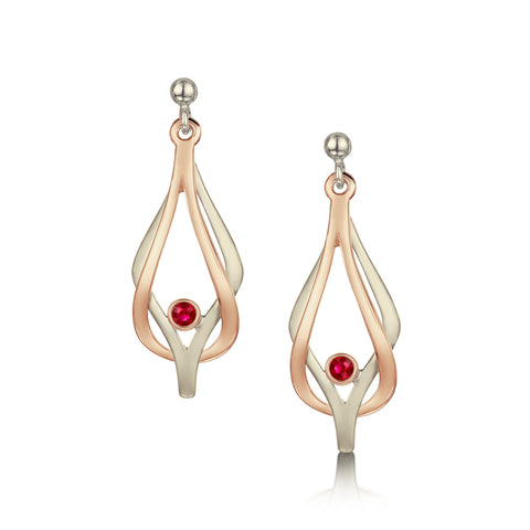 Reef Knot Ruby Drop Earrings in 18ct White & Rose Scottish Gold by Sheila Fleet Jewellery