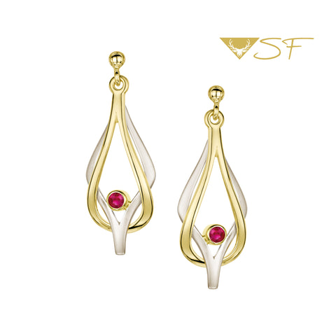 Reef Knot Ruby Drop Earrings in 18ct White & Yellow Scottish Gold by Sheila Fleet Jewellery