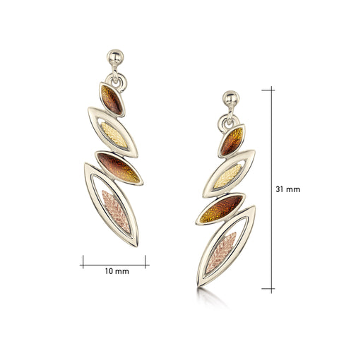 Seasons Autumn Enamel 4-leaf Drop Earrings in 18ct Scottish Gold by Sheila Fleet Jewellery