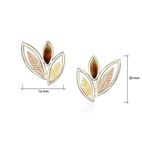 Seasons Autumn 3-leaf Stud Earrings in 18ct White, Yellow & Rose Scottish Gold by Sheila Fleet Jewellery