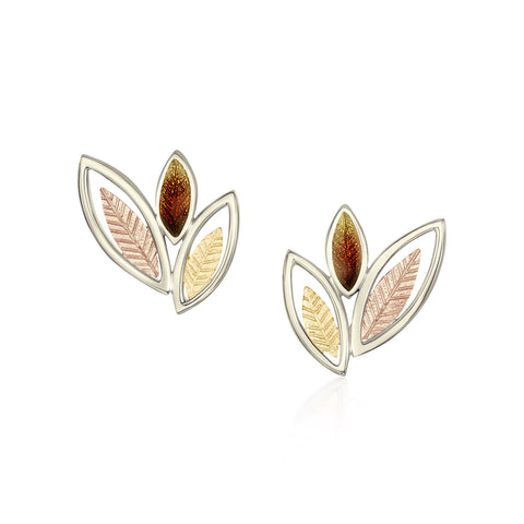 Seasons Autumn 3-leaf Stud Earrings in 18ct White, Yellow & Rose Scottish Gold by Sheila Fleet Jewellery