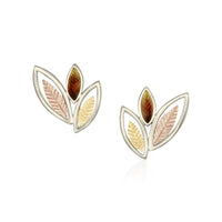Seasons Autumn 3-leaf Stud Earrings in 18ct White, Yellow & Rose Scottish Gold by Sheila Fleet Jewellery
