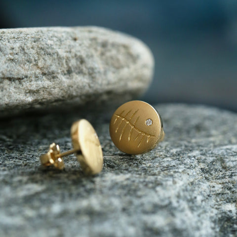 Ogham Small Diamond Stud Earrings in 18ct Yellow Scottish Gold by Sheila Fleet Jewellery