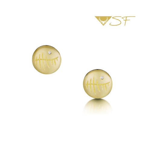 Ogham Small Diamond Stud Earrings in 18ct Yellow Scottish Gold by Sheila Fleet Jewellery