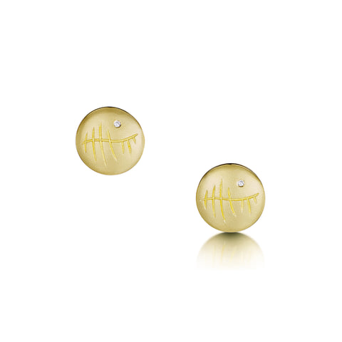 Ogham Small Diamond Stud Earrings in 18ct Yellow Scottish Gold by Sheila Fleet Jewellery
