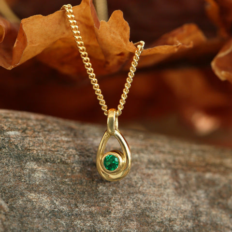 Emerald Birthstone Petite Droplet Pendant in 18ct Yellow Scottish Gold by Sheila Fleet Jewellery