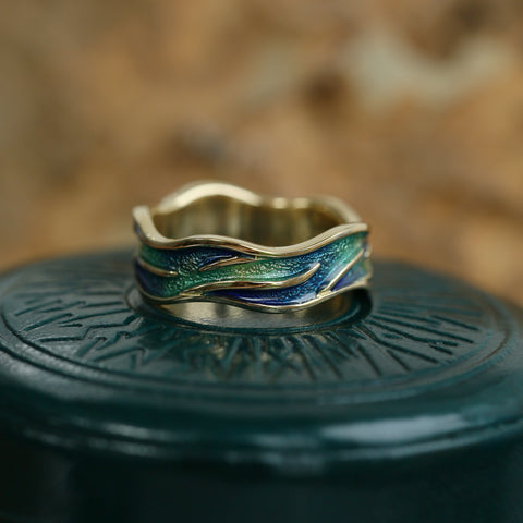 Sea Motion 'Ocean' Enamel Ring in 18ct Yellow Scottish Gold by Sheila Fleet Jewellery