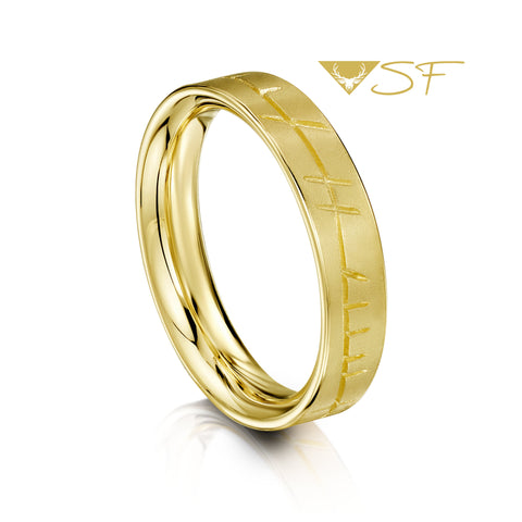 Ogham Flat Court Ring in 18ct Yellow Scottish Gold by Sheila Fleet Jewellery