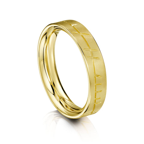 Ogham Flat Court Ring in 18ct Yellow Scottish Gold by Sheila Fleet Jewellery