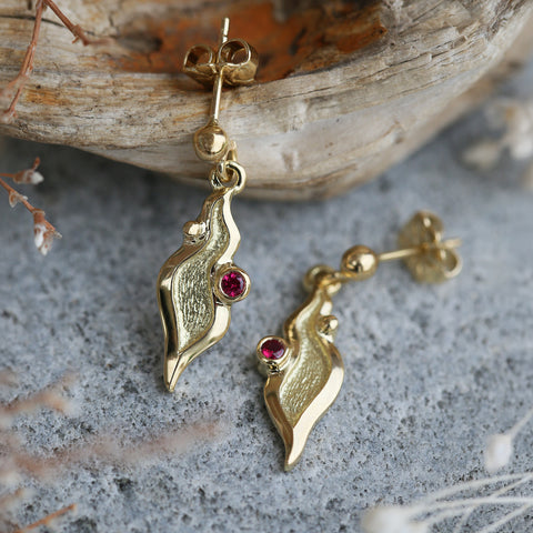 River Ripples Small Ruby Drop Earrings in 18ct Yellow Scottish Gold by Sheila Fleet Jewellery