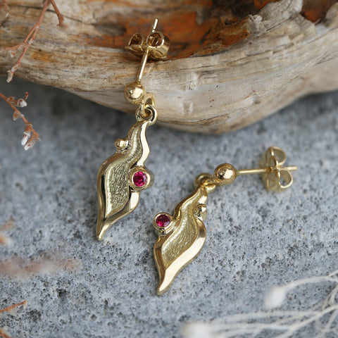 River Ripples Small Ruby Drop Earrings in 18ct Yellow Scottish Gold by Sheila Fleet Jewellery