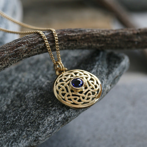 Celtic Sapphire Small Pendant in 18ct Yellow Scottish Gold by Sheila Fleet Jewellery