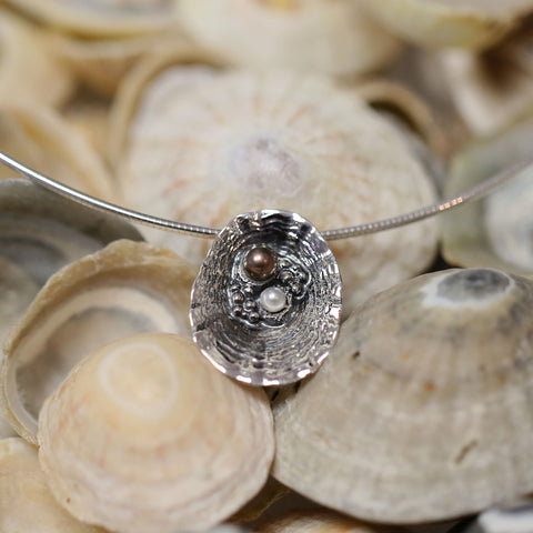 Limpet Oxidised Necklace with Black & Peach Pearls by Sheila Fleet Jewellery