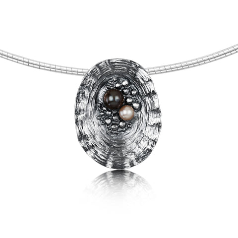 Limpet Dress Necklace with Black & Peach Pearls in Oxidised Silver by Sheila Fleet Jewellery