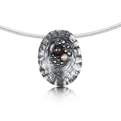 Limpet Dress Necklace with Black & Peach Pearls in Oxidised Silver by Sheila Fleet Jewellery