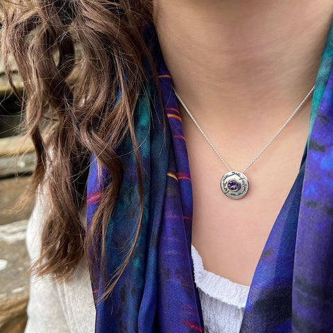 Ogham Small Amethyst Pendant in Sterling Silver by Sheila Fleet Jewellery