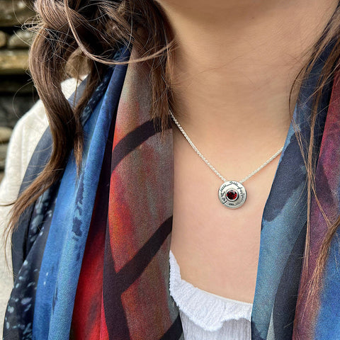 Ogham Small Garnet Pendant in Sterling Silver by Sheila Fleet Jewellery