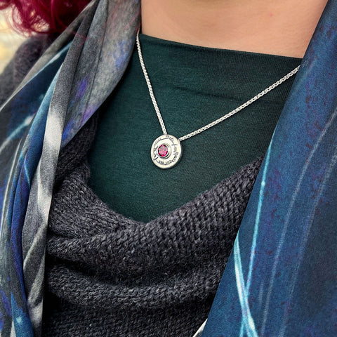 Ogham Small Rhodolite Pendant in Sterling Silver by Sheila Fleet Jewellery