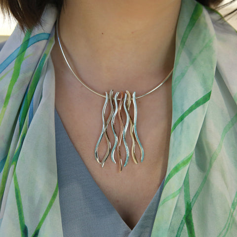 Atlantic Swell Statement Necklace in Silver, Mixed Gold & Surf Enamel by Sheila Fleet Jewellery