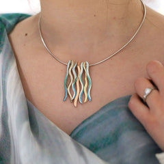 Atlantic Swell Short 7-frond Shallows Enamel Statement Necklace in Silver & Mixed Gold by Sheila Fleet Jewellery