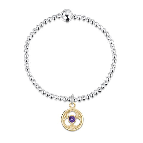 Celtic Trinity Silver Stretch Bracelet with 9ct Yellow Gold & Amethyst Charm by Sheila Fleet Jewellery