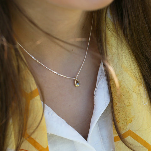 Aquamarine Birthstone Petite Droplet Pendant in Silver & 9ct Yellow Gold by Sheila Fleet Jewellery