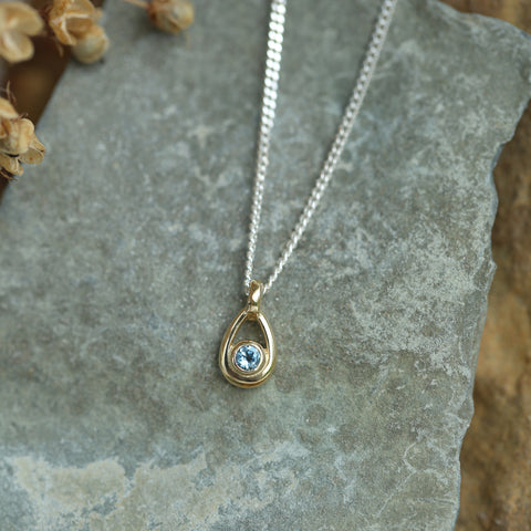 Aquamarine Birthstone Petite Droplet Pendant in Silver & 9ct Yellow Gold