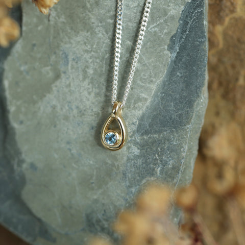 Aquamarine Birthstone Petite Droplet Pendant in Silver & 9ct Yellow Gold by Sheila Fleet Jewellery