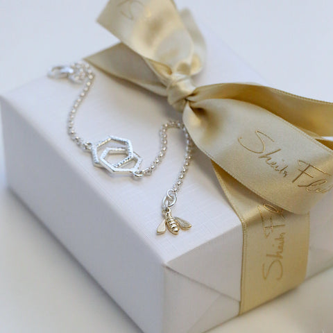Honeycomb 2-link Bracelet with 9ct Yellow Gold Bee by Sheila Fleet Jewellery