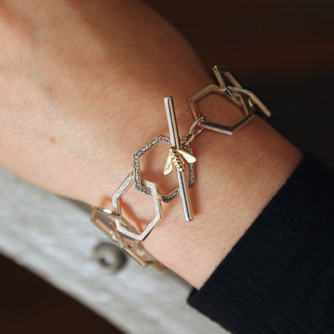 Honeycomb 13-link Silver Bracelet with 9ct Yellow Gold Honeybee by Sheila Fleet Jewellery