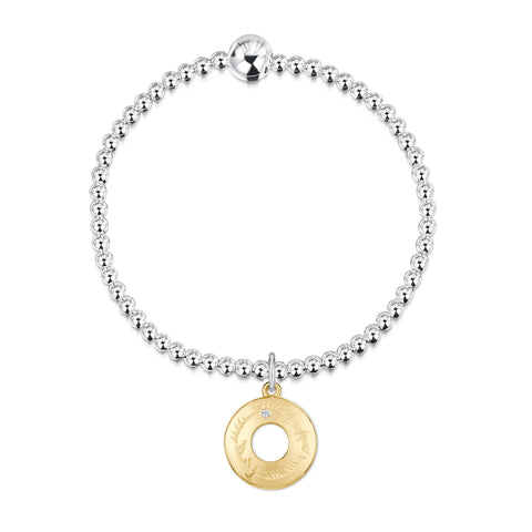 Ogham Silver Stretch Bracelet with 9ct Yellow Gold & Diamond Charm by Sheila Fleet Jewellery