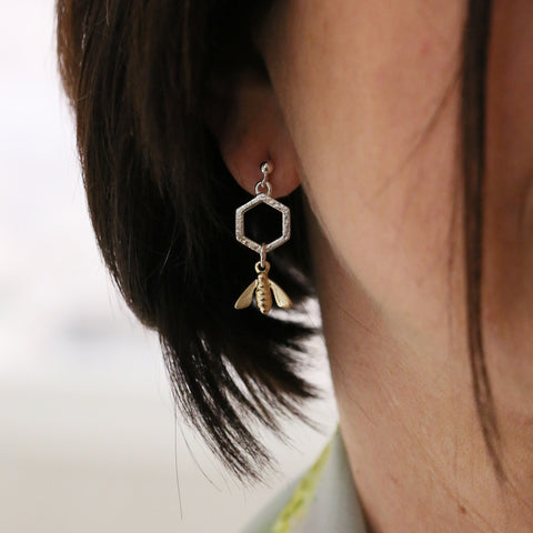 Honeycomb & Bee Petite Drop Earrings in Silver & 9ct Yellow Gold by Sheila Fleet Jewellery