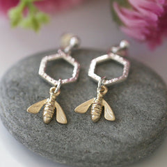 Honeycomb & Bee Petite Drop Earrings in Silver & 9ct Yellow Gold by Sheila Fleet Jewellery
