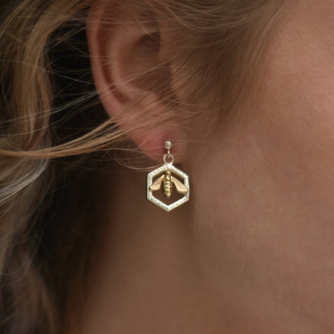 Honeycomb & Bee Silver Drop Earrings with 9ct Yellow Gold Bee by Sheila Fleet Jewellery