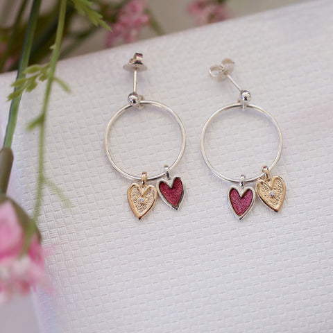 Secret Hearts 2-heart Diamond Drop Earrings with 9ct Yellow Gold & Passion Pink Enamel