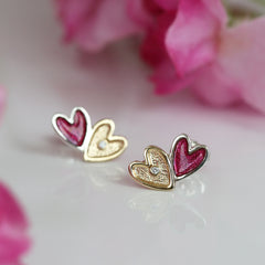 Secret Hearts 2-heart Diamond Stud Earrings with 9ct Yellow Gold & Hot Pink Enamel by Sheila Fleet Jewellery