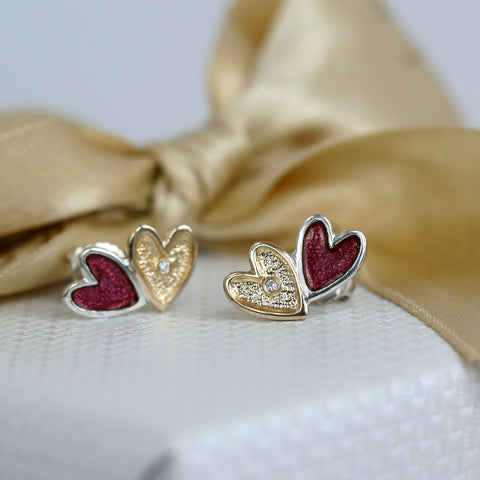 Secret Hearts 2-heart Diamond Stud Earrings with 9ct Yellow Gold & Passion Pink Enamel by Sheila Fleet Jewellery