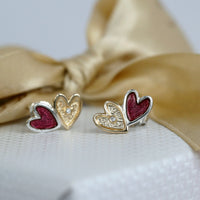 Secret Hearts 2-heart Diamond Stud Earrings with 9ct Yellow Gold & Passion Pink Enamel by Sheila Fleet Jewellery