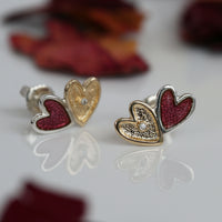 Secret Hearts 2-heart Diamond Stud Earrings with 9ct Yellow Gold & Passion Pink Enamel by Sheila Fleet Jewellery