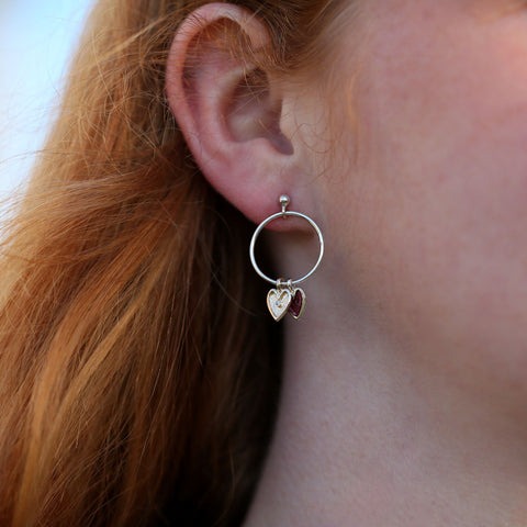 Secret Hearts 2-heart Diamond Drop Earrings with 9ct Yellow Gold & Passion Pink Enamel