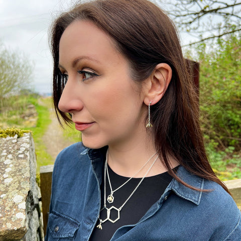 Honeybee Long Silver Drop Earrings with 9ct Yellow Gold by Sheila Fleet Jewellery