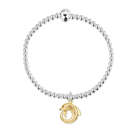 Dolphin Silver Stretch Bracelet with 9ct Yellow Gold Curl Charm by Sheila Fleet Jewellewery