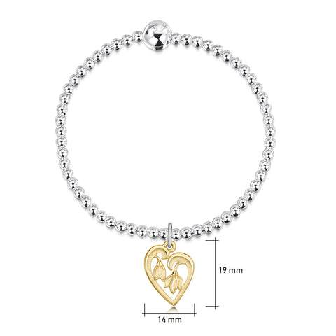 Snowdrop Silver Stretch Bracelet with 9ct Yellow Gold Heart Charm by Sheila Fleet Jewellery