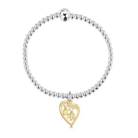 Snowdrop Silver Stretch Bracelet with 9ct Yellow Gold Heart Charm by Sheila Fleet Jewellery